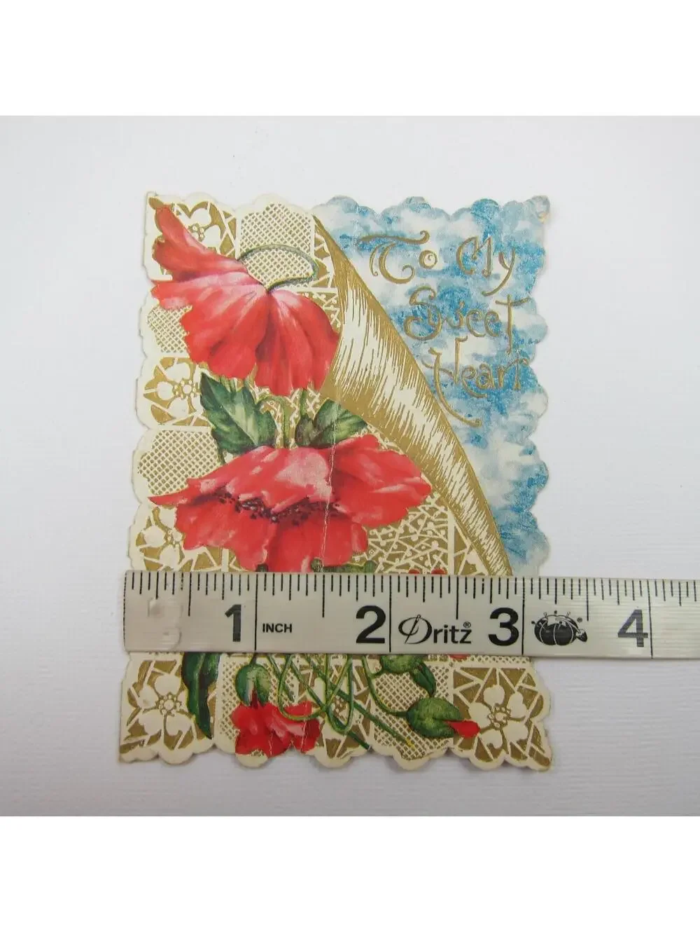 Valentine Card Red Poppy Flowers Gold Embossed Die cut Bifold Antique 1913